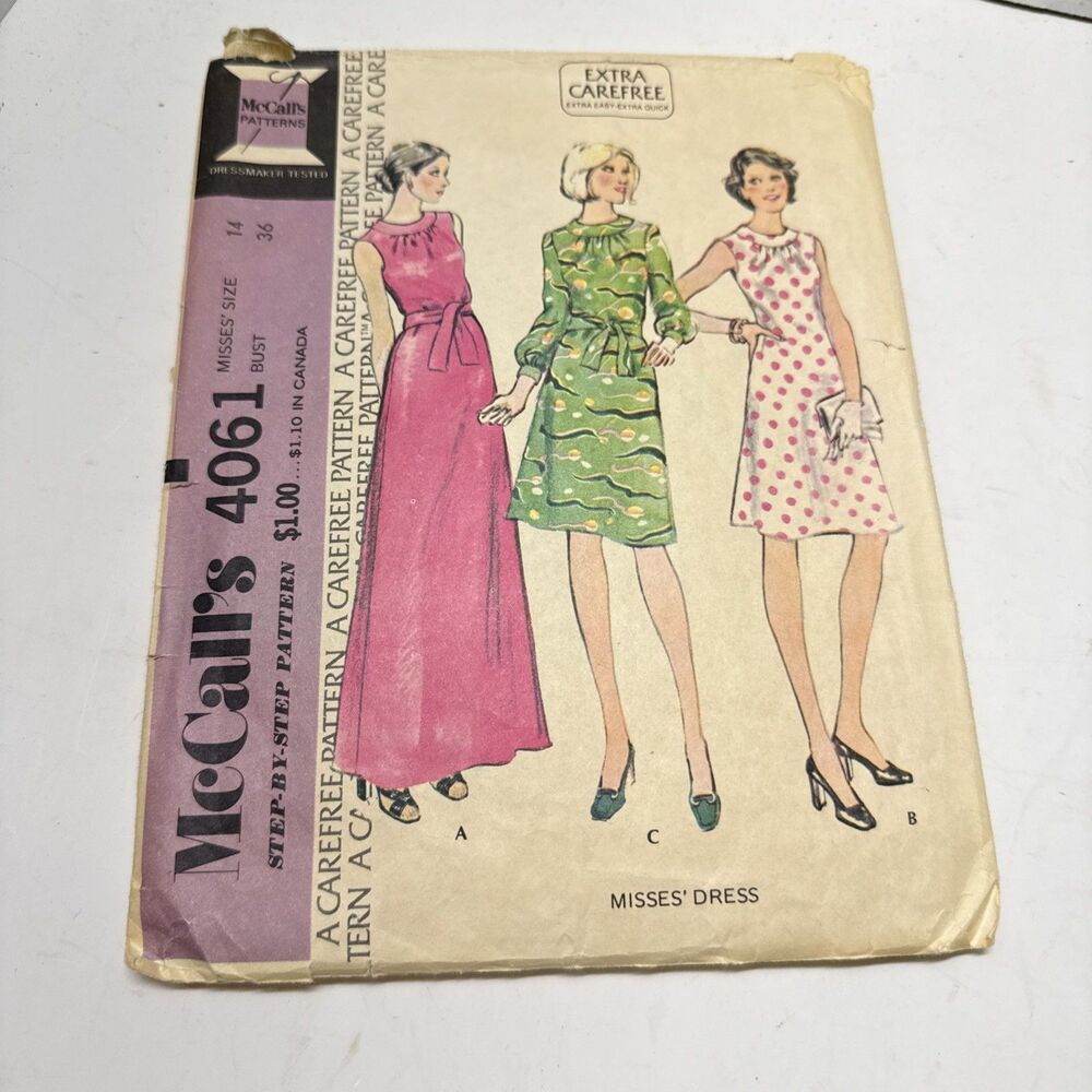 McCalls 4061 Dress Pattern Neckline Bands Size 14 Bust 36 1970's Vintage